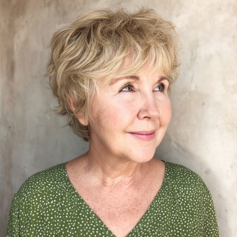 Textured Sandy Blonde Pixie with Lively Layers