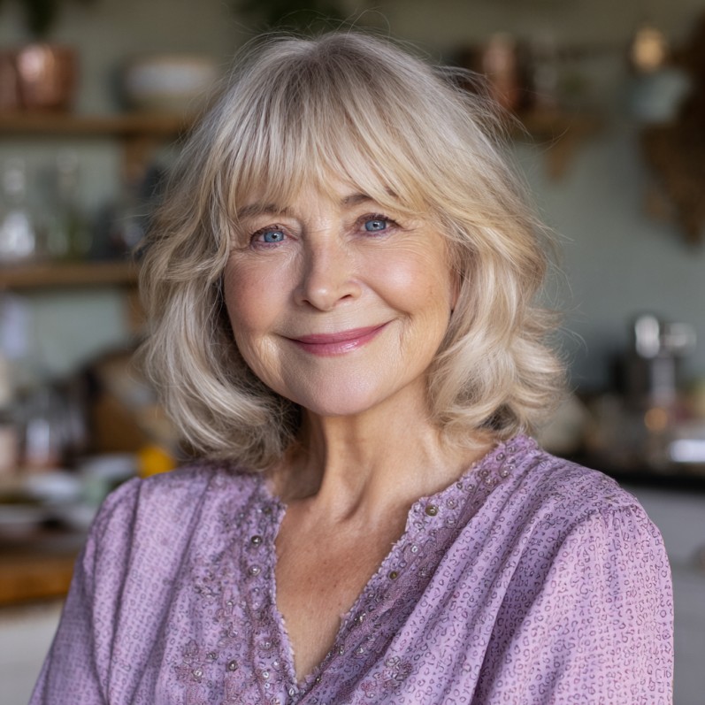 Textured Sandy Blonde Shoulder-Length Cut with Soft Bangs