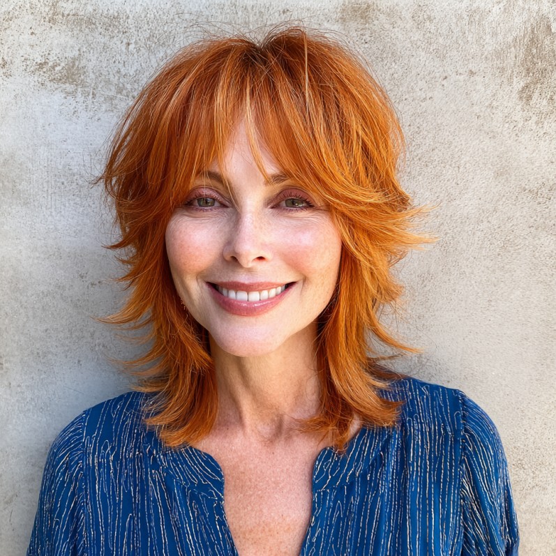 Vibrant Copper Shaggy Long Bob with Textured Layers