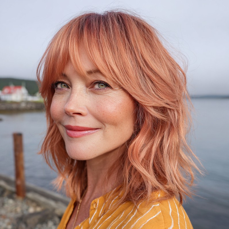 Warm Coral Shaggy Long Bob with Soft Bangs