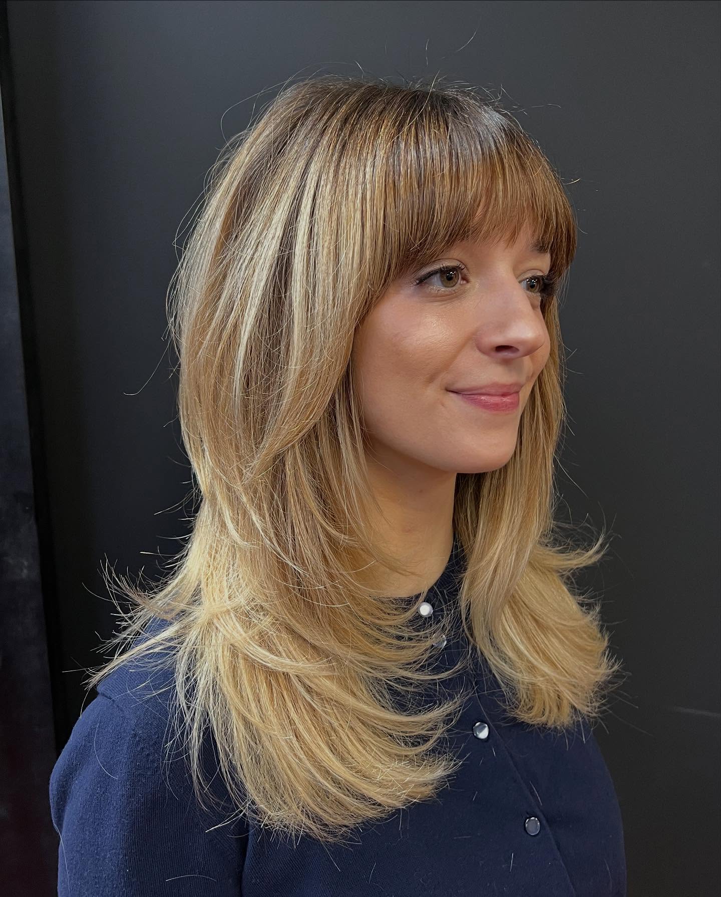 Textured Brow-Skimming Bangs with Long Layered Ends