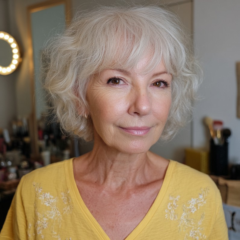 Textured Curly Bob with Soft Bangs