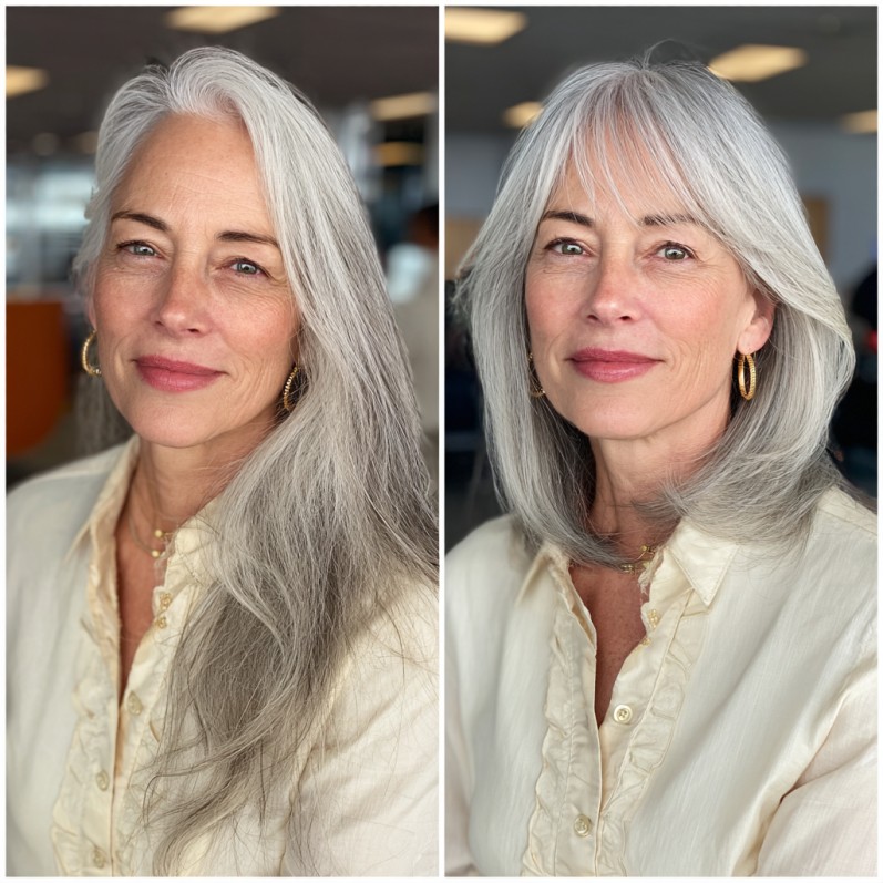chic layered silver hair with soft bangs
