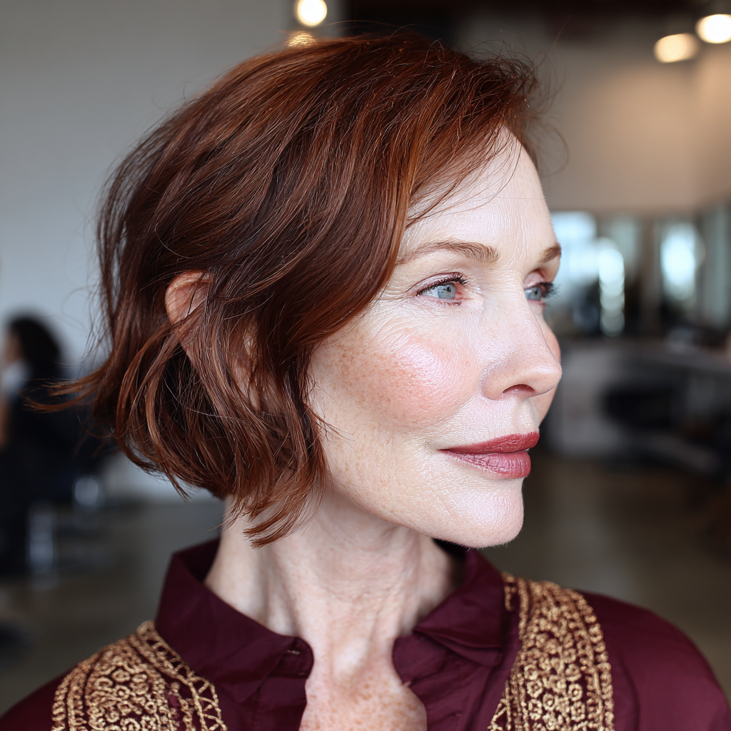 Chic Mahogany Brown Textured Bob with Soft Waves