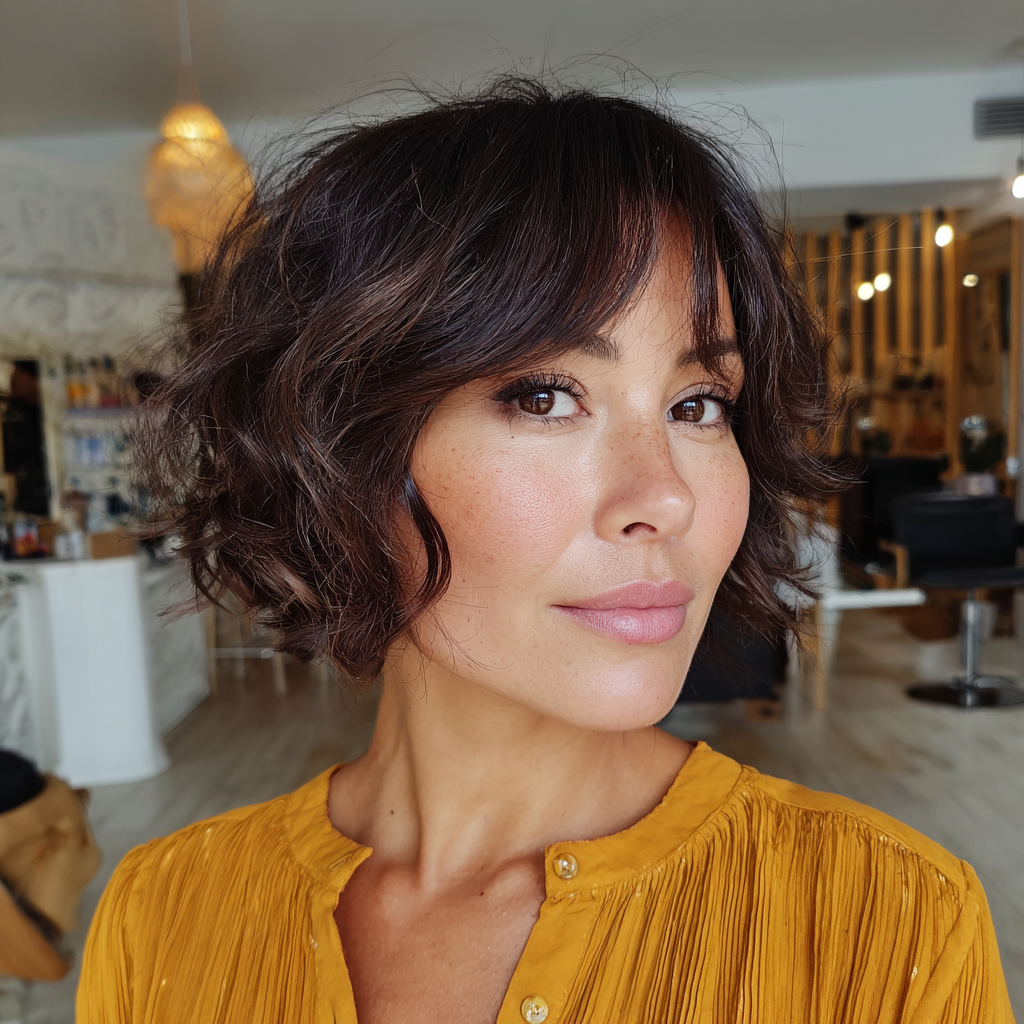 Chic Textured Curly Bob with Bangs