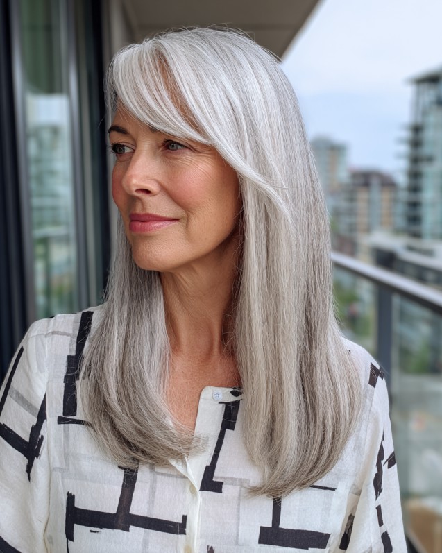 Elegant Long Silvery Hair with Soft Side Bangs