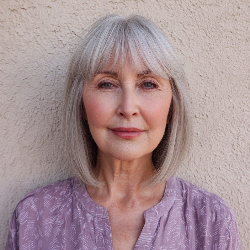 Refined Silver Blunt Bob with Soft Fringe