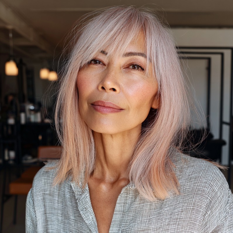 Softly Layered Ashy Pink Hair with Gentle Bangs