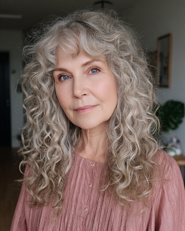 Softly Layered Curly Silver Hair with Wispy Bangs