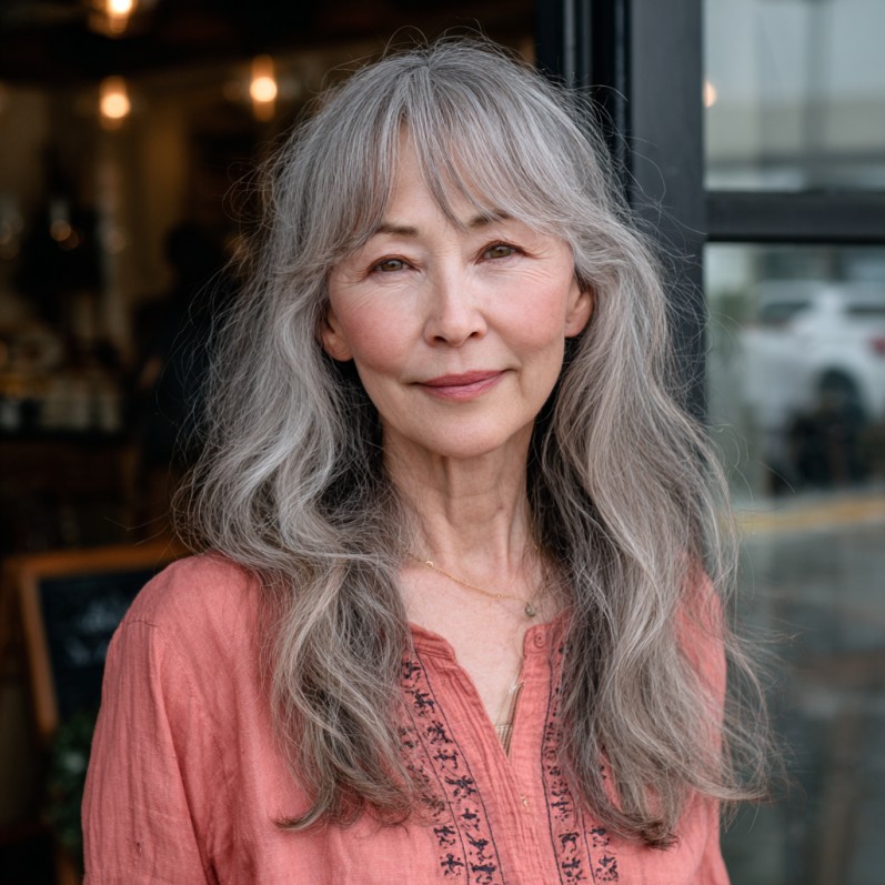 Softly Layered Silver Waves with Gentle Bangs