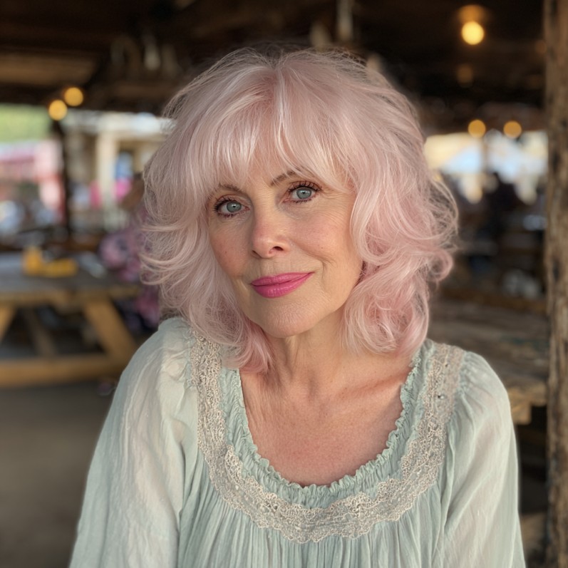 Softly Textured Pink Bob with Wispy Bangs