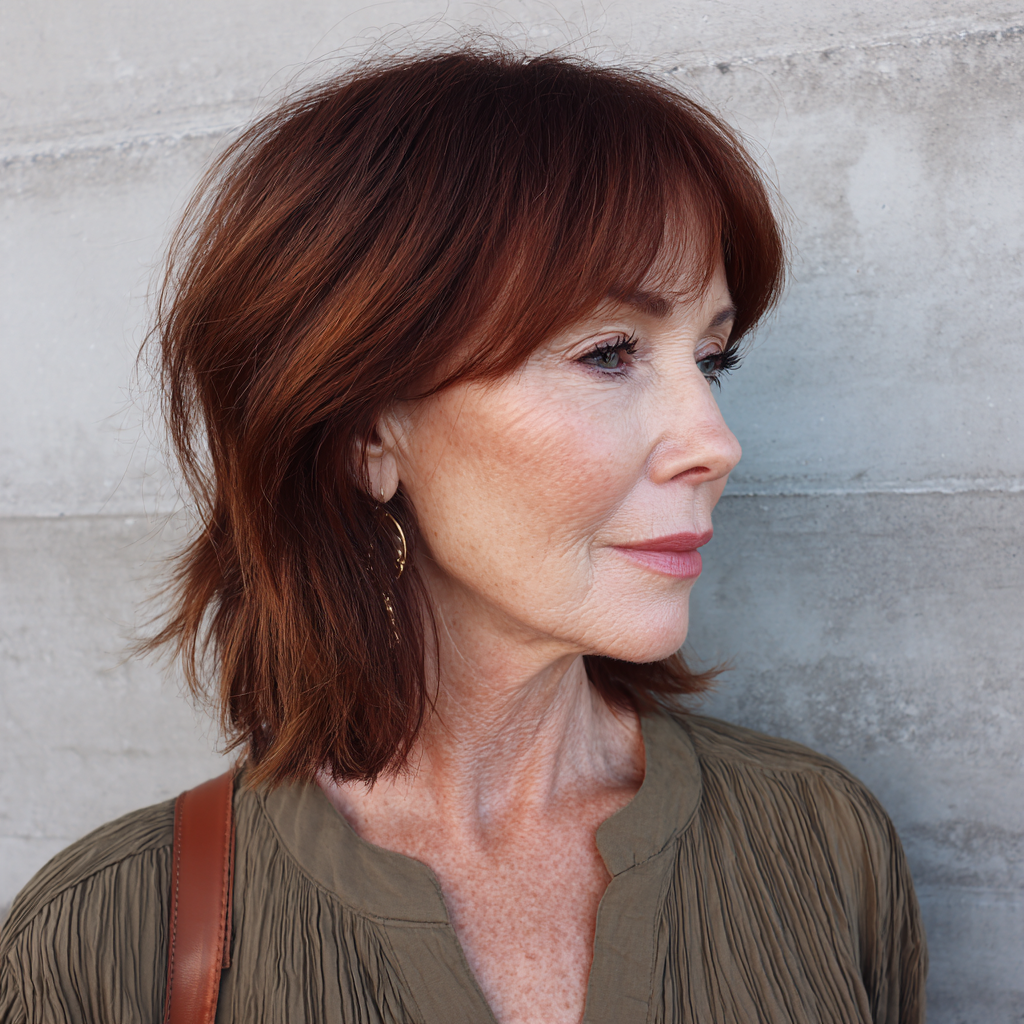 Stylish Mahogany Brown Soft Layered Cut with Subtle Bangs