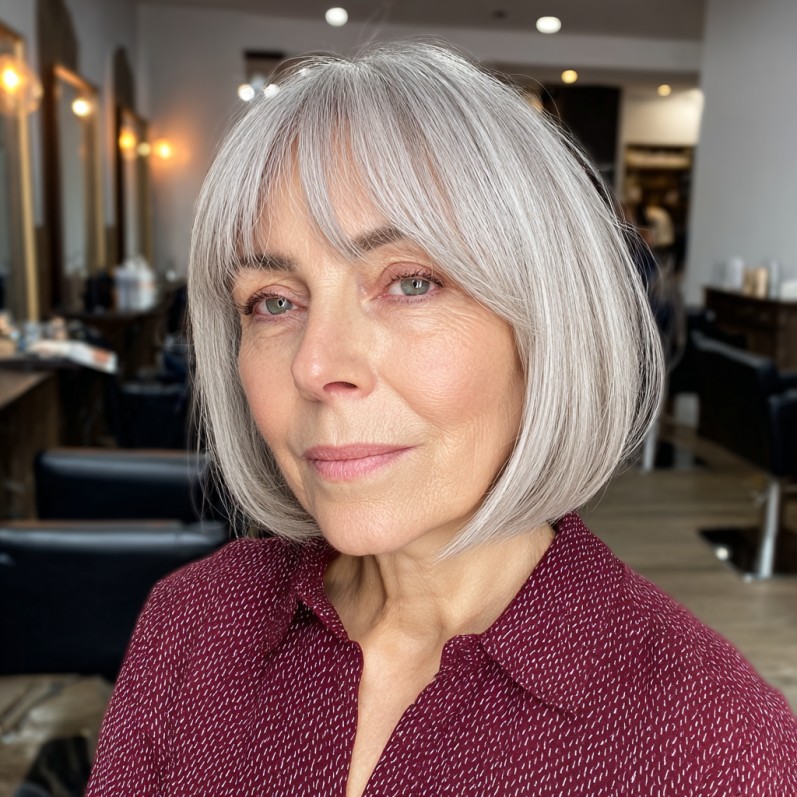 Stylish Silver Bob with Soft Bangs