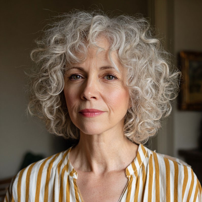 Textured Curly Silver Bob with Soft Bangs