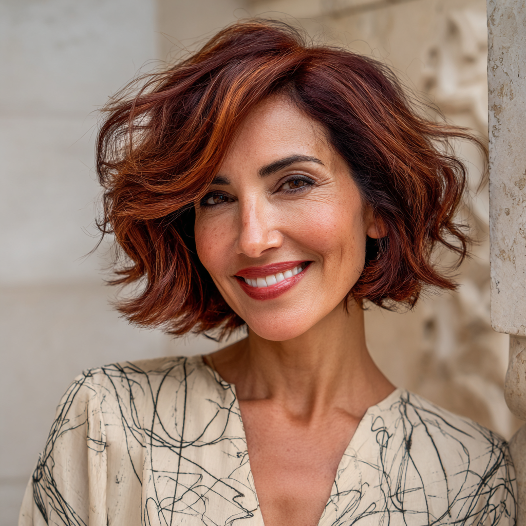 Textured Mahogany Brown Bob with Luscious Waves