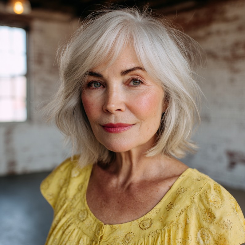 Textured Silver Bob with Soft Feathered Bangs