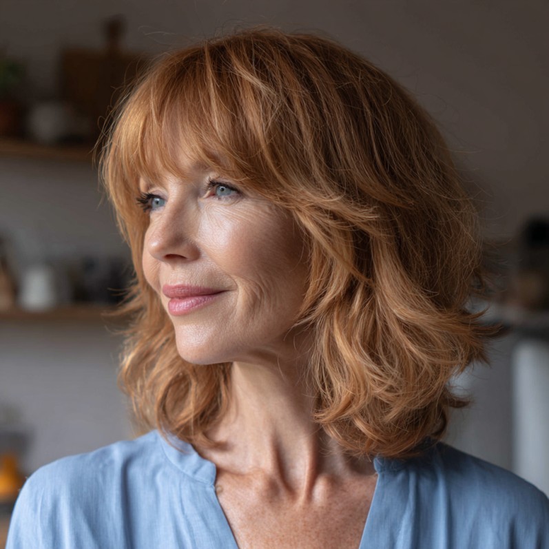 Warm Copper Feathered Bangs with Lively Layers