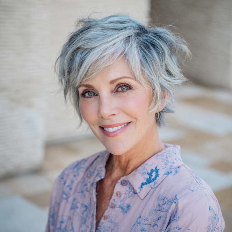Textured Icy Blue Pixie Cut with Soft Layers