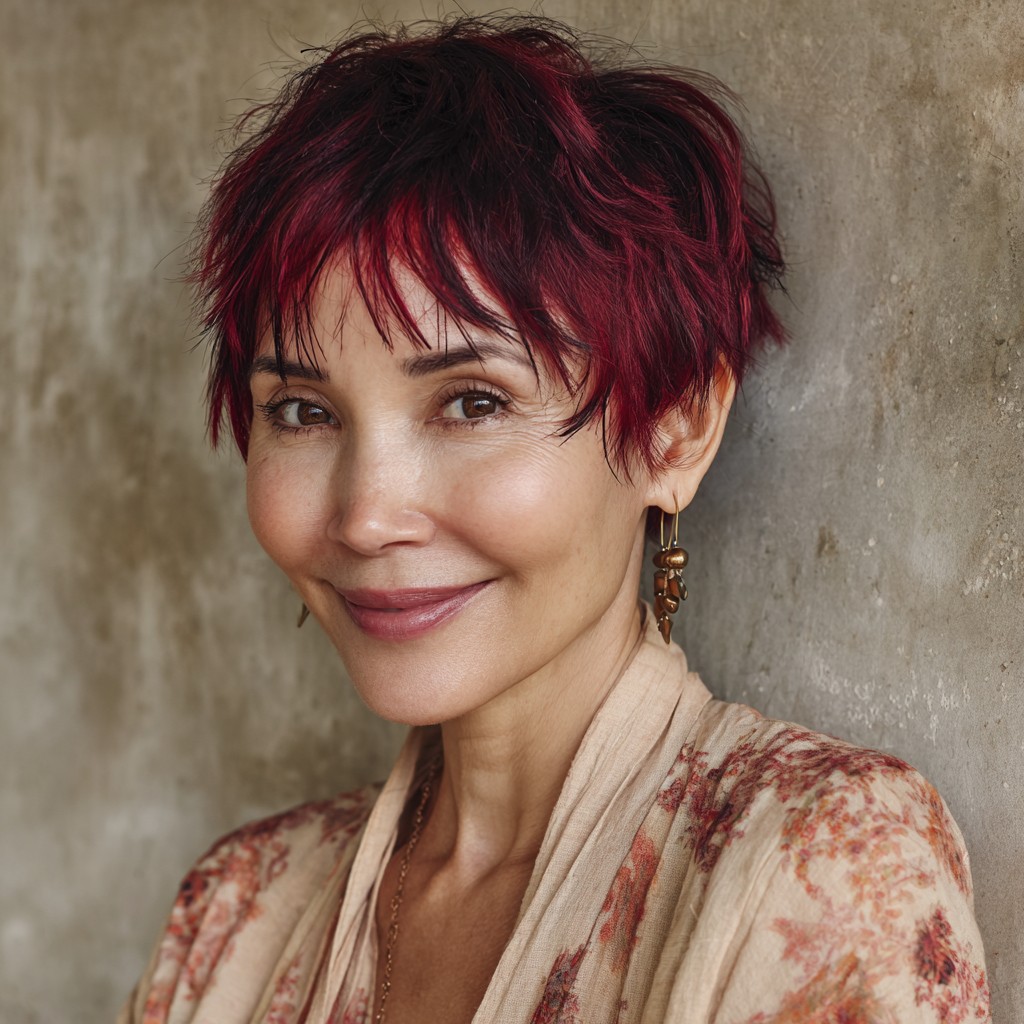Bold Red Pixie Cut with Wispy Bangs