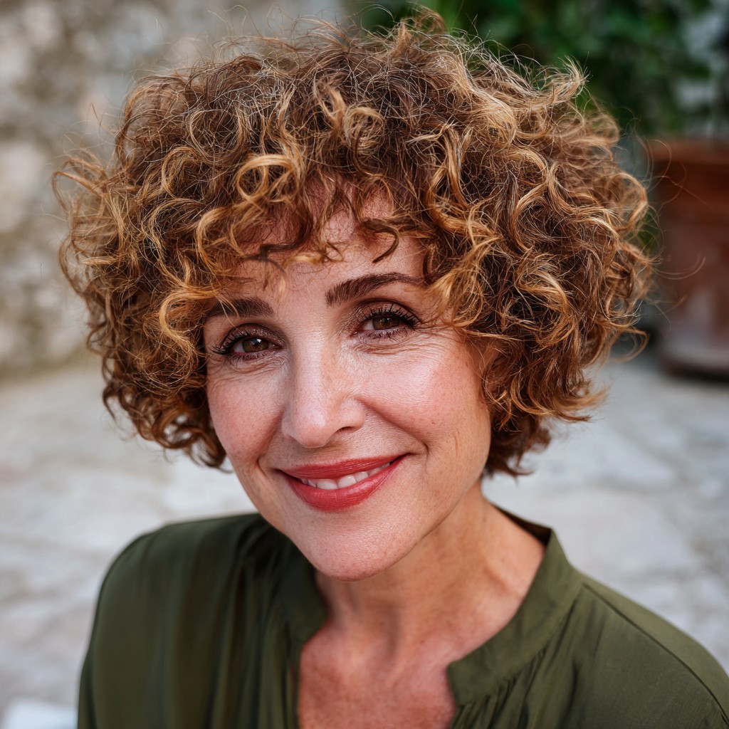 Chic Curly Bob with Soft Wispy Bangs