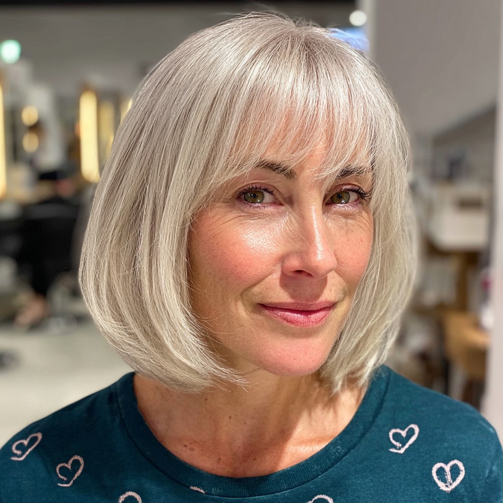 Chic Silver Bob with Soft Wispy Bangs