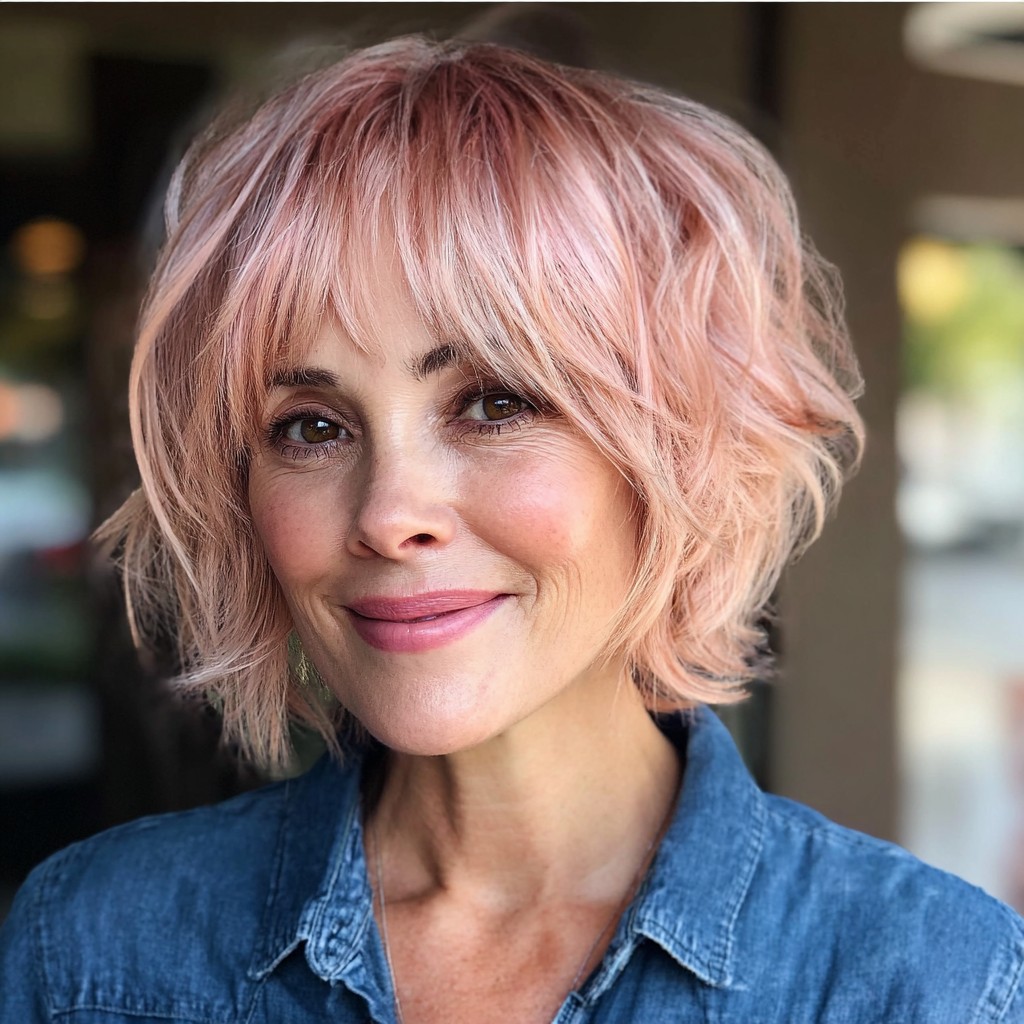 Chic Textured Bob with Wispy Bangs in Soft Pink