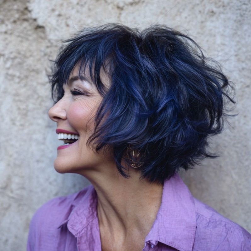 Dynamic Feathered Bob with Deep Blue Undertones