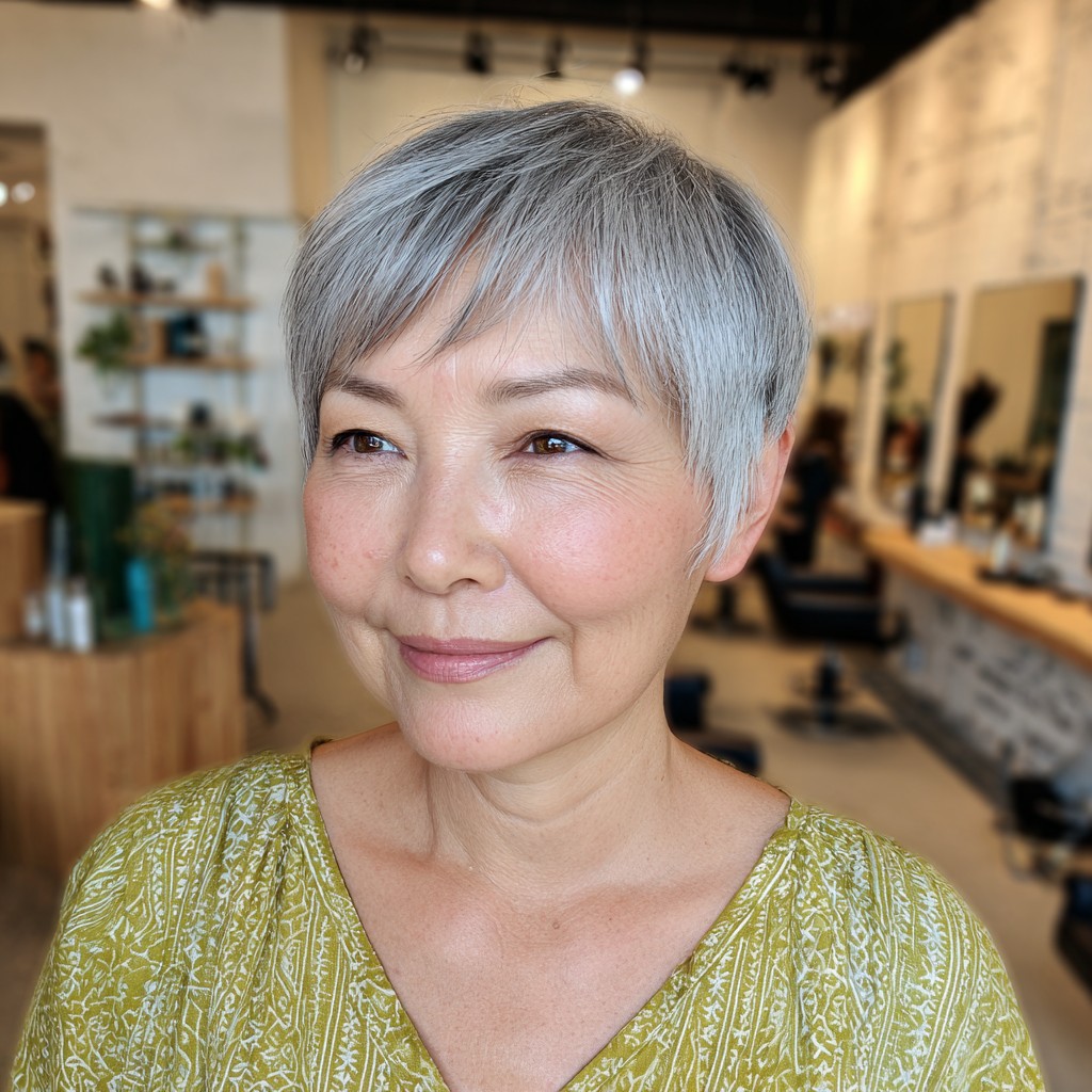 Stylish Soft Gray Pixie Cut with Wispy Bangs