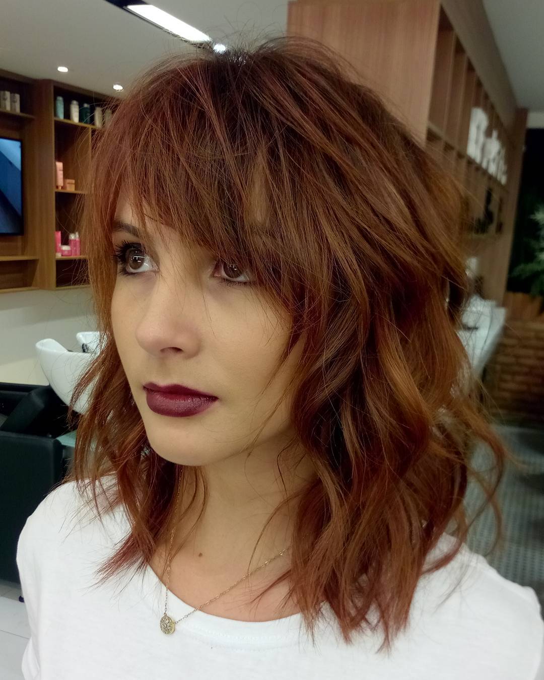 Textured Copper Wavy Bob with Wispy Bangs