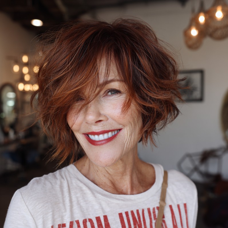 Textured Feathered Bob with Warm Copper Hues