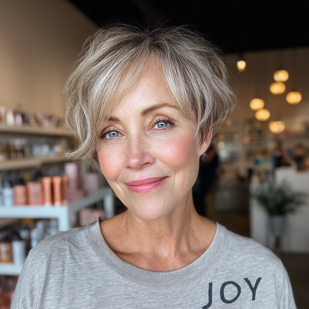 Chic Fluffy Side-Swept Pixie with Subtle Highlights