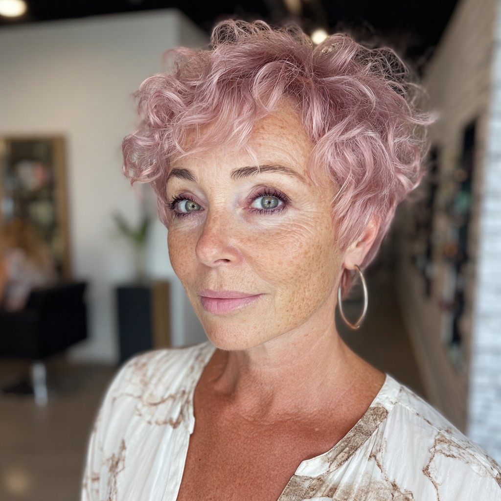 Playful Curly Pink Side-Swept Pixie Cut