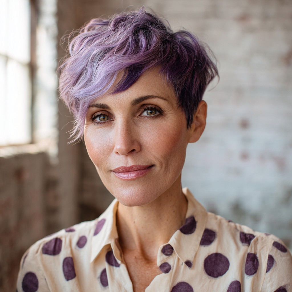 Playful Lavender Side-Swept Pixie Cut