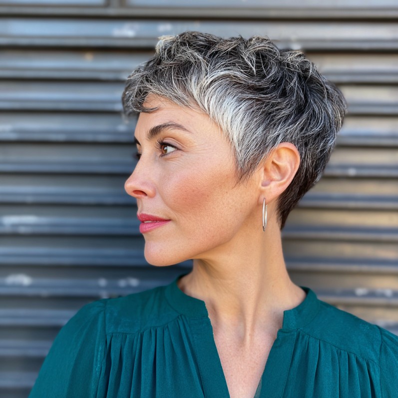 Chic Short Textured Grey Balayage Pixie