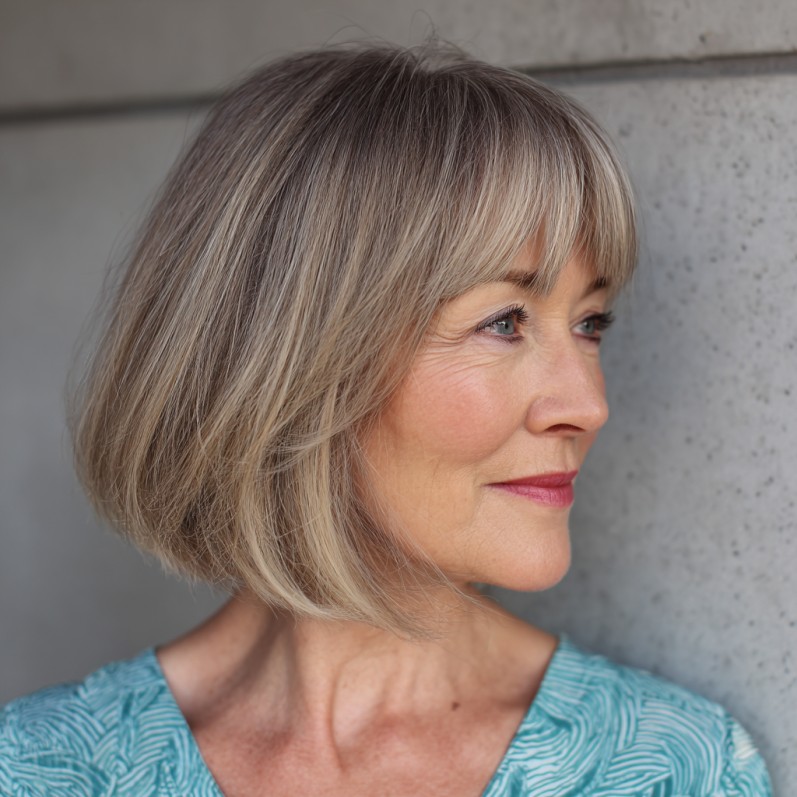Chic Textured Grey Balayage Bob with Fringe