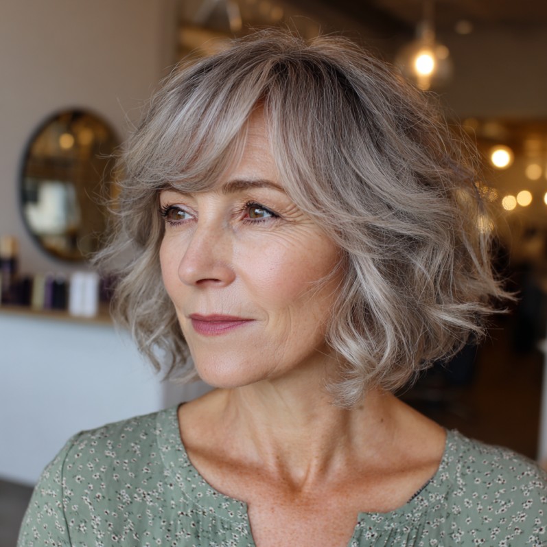 Chic Textured Grey Balayage with Soft Curls