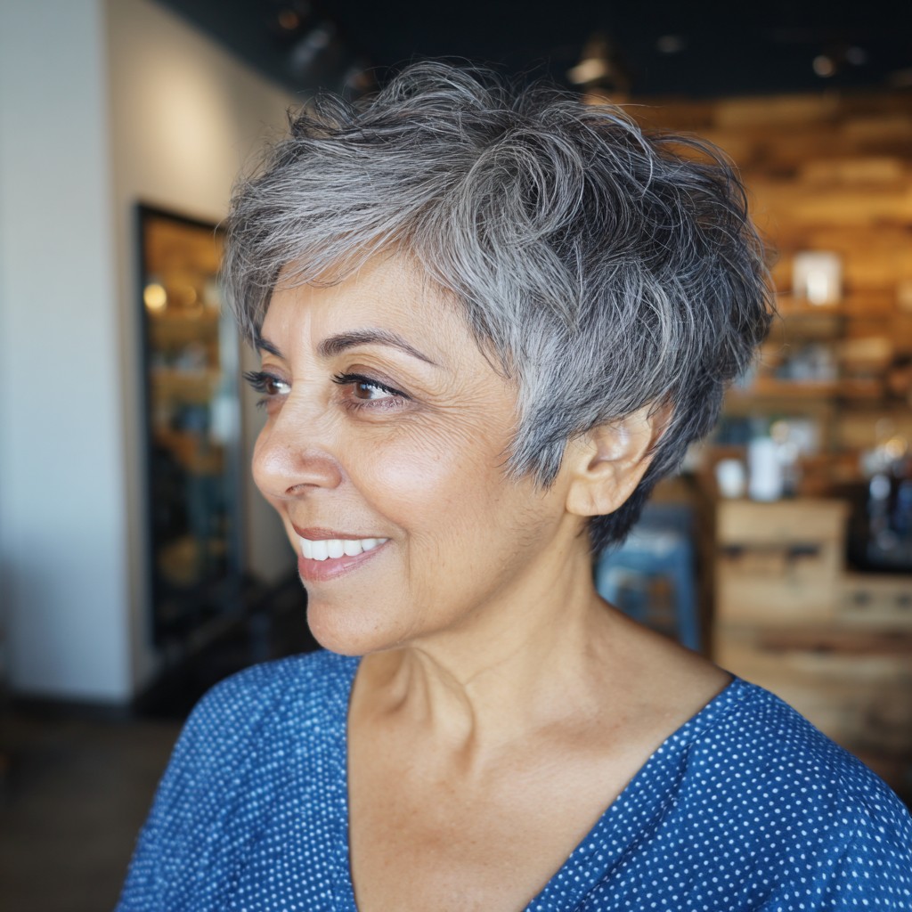Effortlessly Chic Grey Pixie with Textured Layers