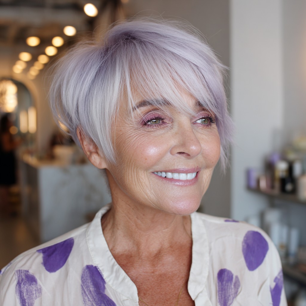 Modern Lavender Textured Pixie Cut with Long Bangs