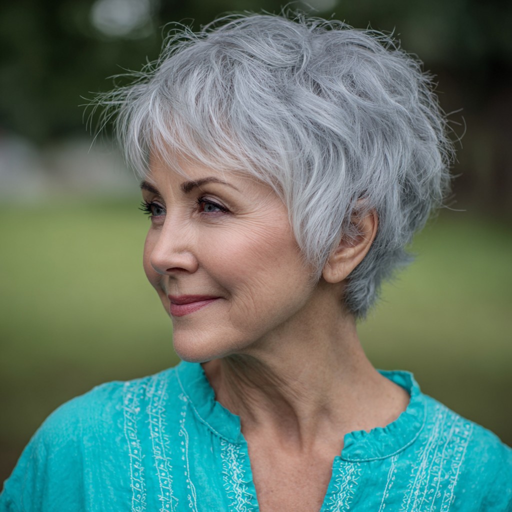 Softly Textured Silver Pixie with Lively Layers