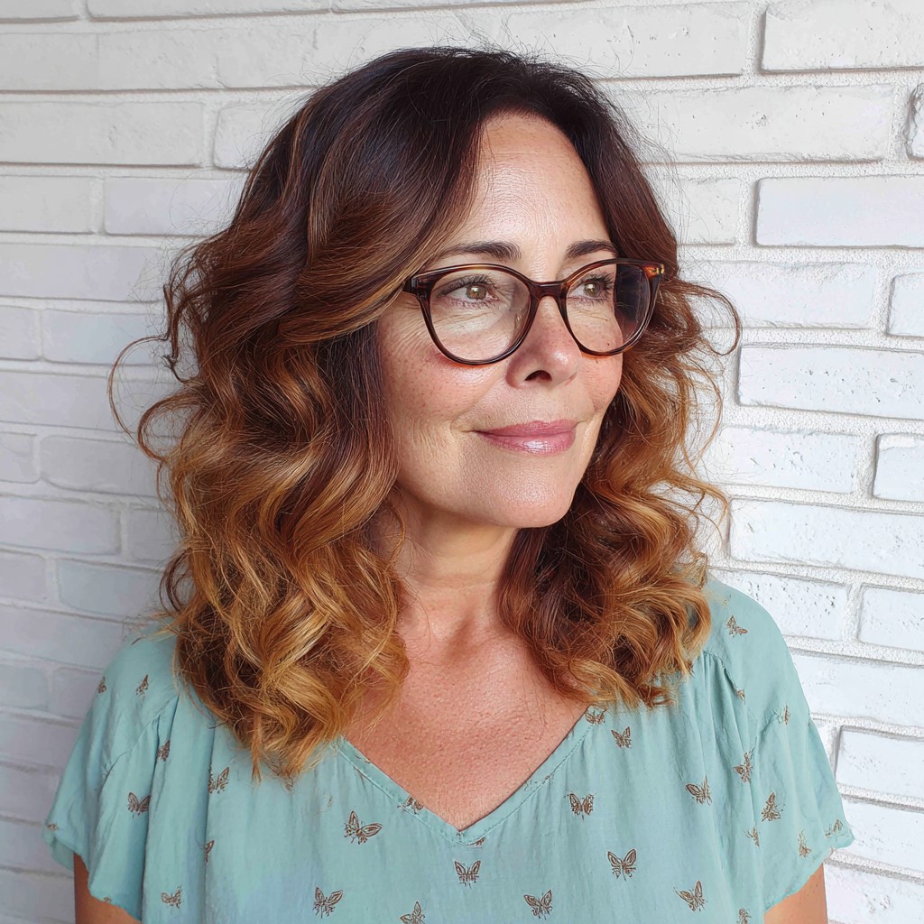 Chic Curly Lob with Warm Caramel Highlights