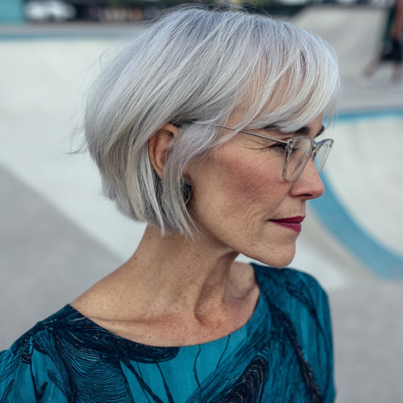 Chic Silver Blunt Bob with Textured Ends