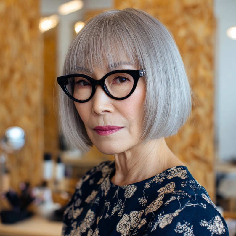 Chic Silver Blunt Bob with Wispy Bangs