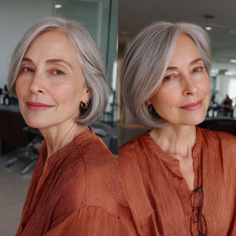 Elegant Silver A-Line Bob with Soft Face-Framing Layers