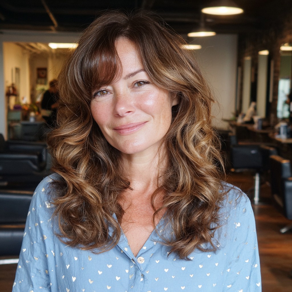 Soft Layered Curls with Subtle Face-Framing Bangs