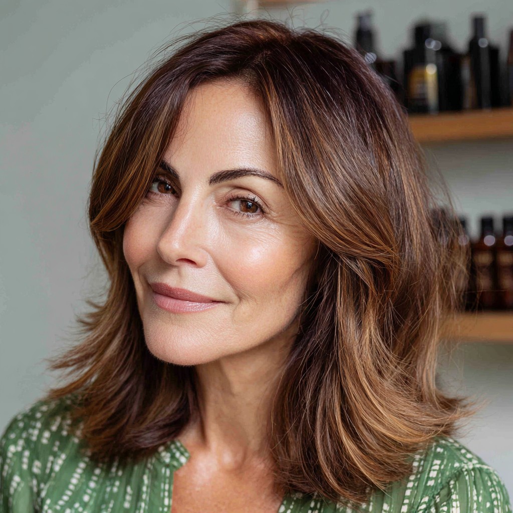 Warm Chocolate Shoulder-Length Layers with Soft Face-Framing Highlights