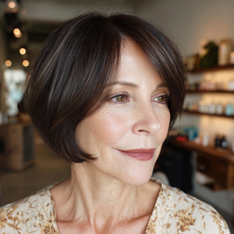 Elegant Dark Brown Blunt Bob with Soft Face-Framing Layers