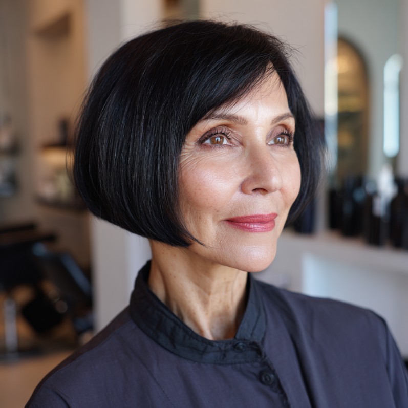 Polished Jet Black Blunt Bob with Soft Angled Edges