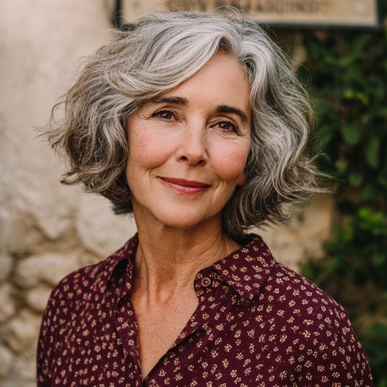 Soft Silver Curly Blunt Bob with Volume