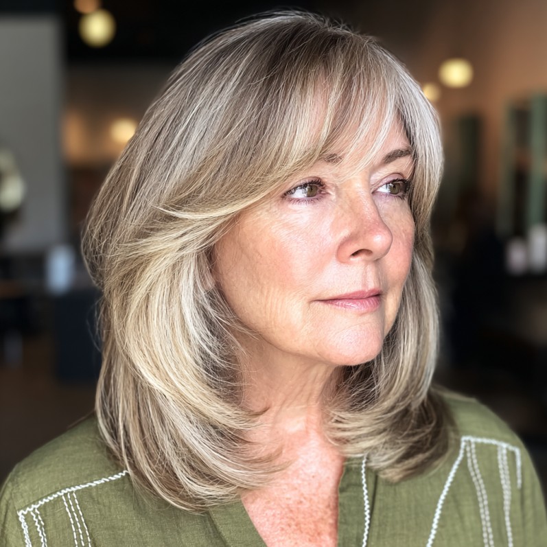 Softly Layered Blonde Balayage with Face-Framing Bangs