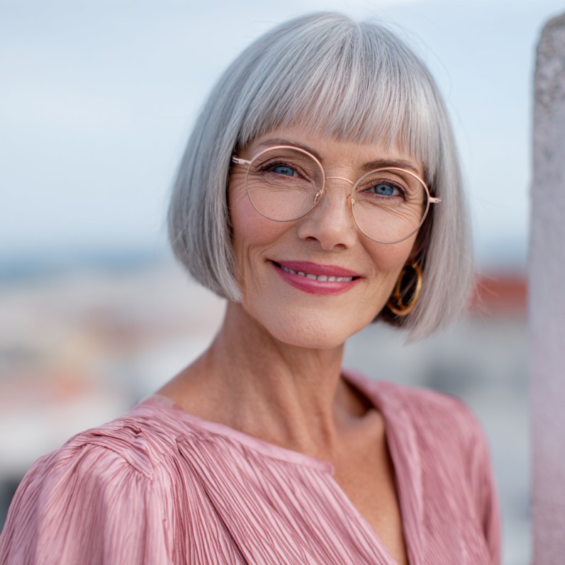 Stylish Silver Blunt Bob with Soft Bangs